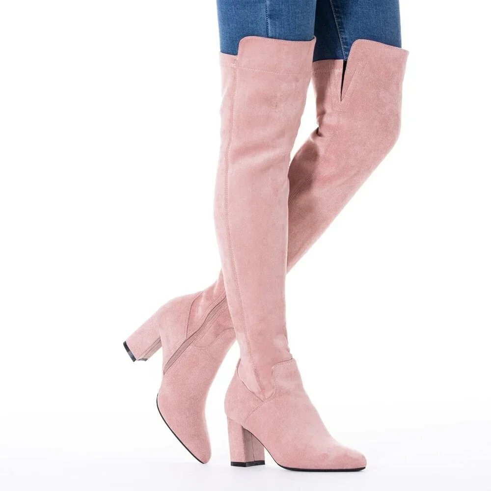 Women Pink/3 Inch Heel Faux Suede Over The Knee Thigh High Low Block Heel Boot